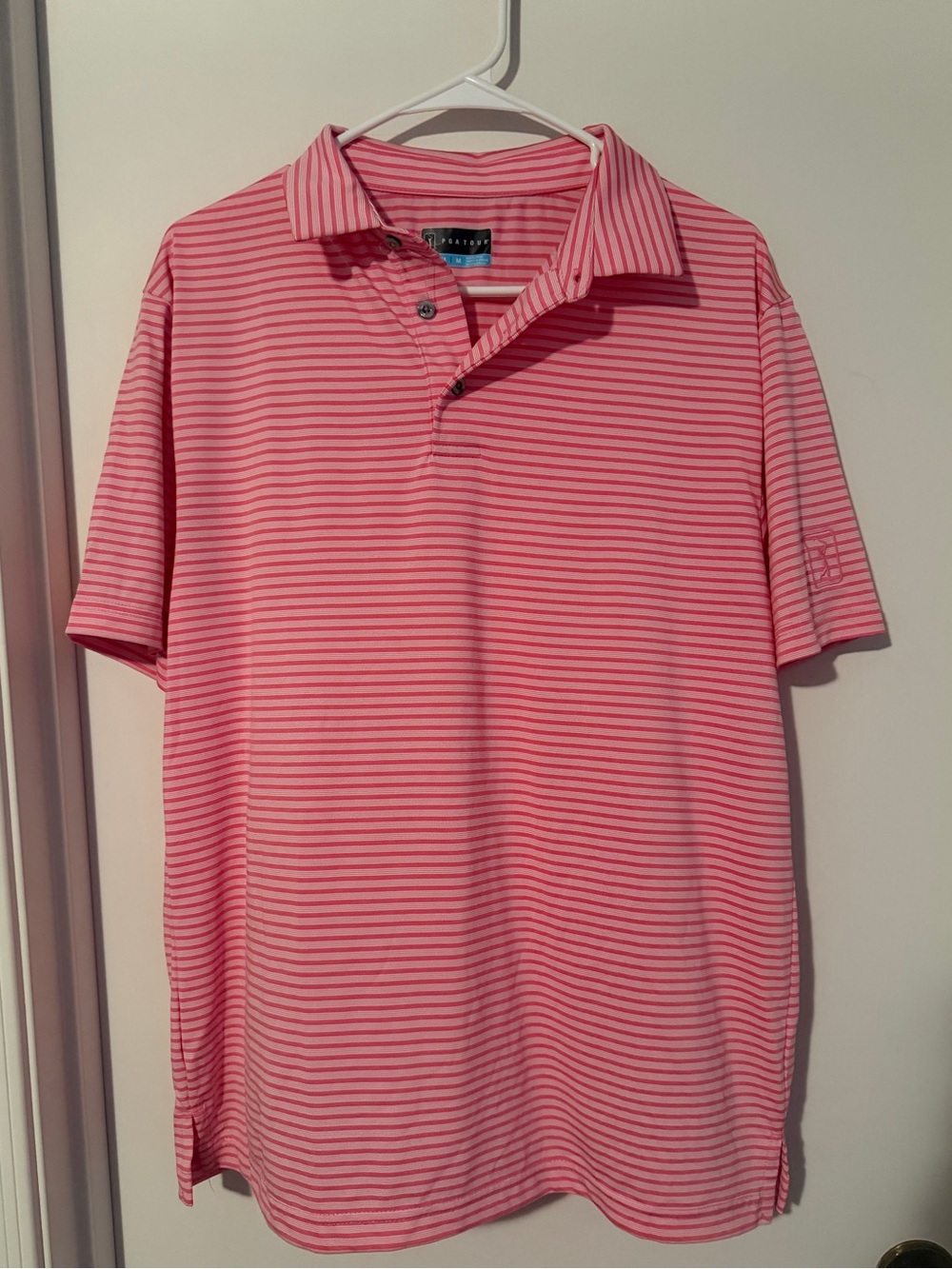 PGA Tour Pink and White Thin-Striped Polo